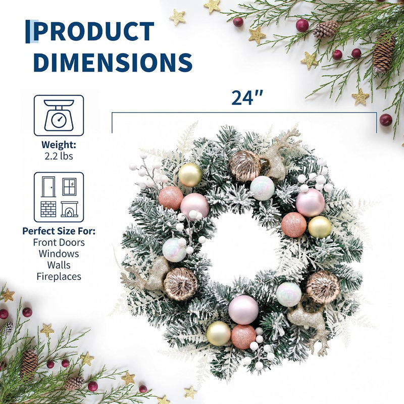 Couronnes de Noël 24 po en flocage rose pour porte d'entrée, 24 pouces
