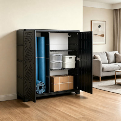 10 cu.ft Outdoor Storage Cabinet – 34.1" W x 33.5" H x 15" D Waterproof Resin, No Shelf Inside for Office/ Mops/Brooms/Ladders – UV Resistant for Patio, Garden, Poolside, Balcony Corner – Easy Assembly