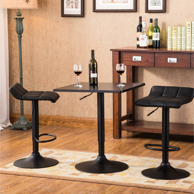 Table de bar à hauteur réglable avec plateau carré noir et 2 tabourets pivotants en cuir pivotant pour le bureau