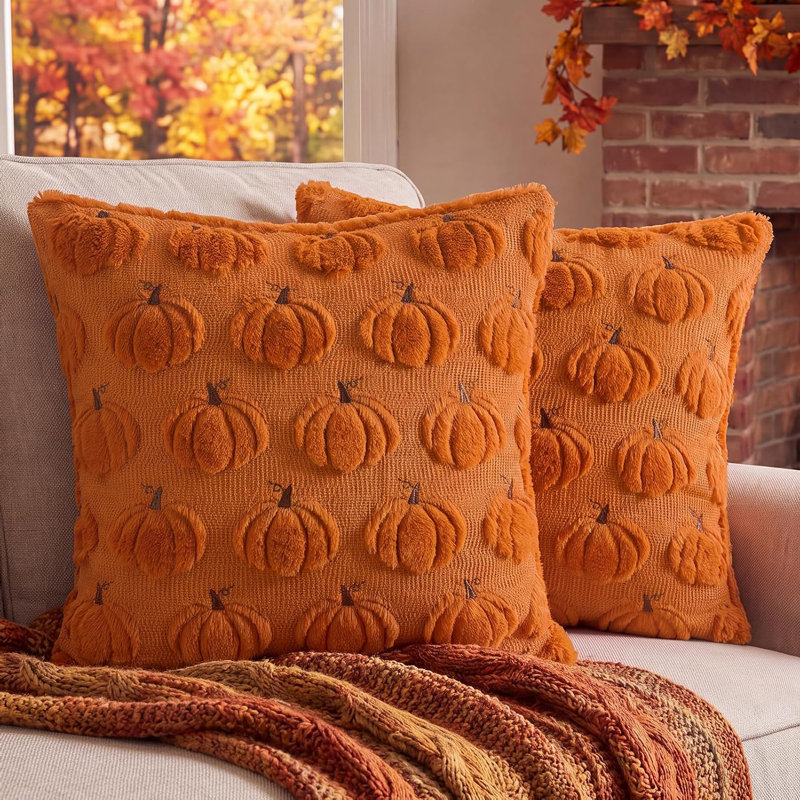 Set of 2 Fall Throw Pillow Covers 20x20 Rust Orange Pumpkin Decor, Square 20"