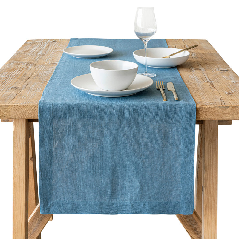 over&back Washed 100% Linen Table Runner - Machine Washable, Blue, 18" W x 108" L