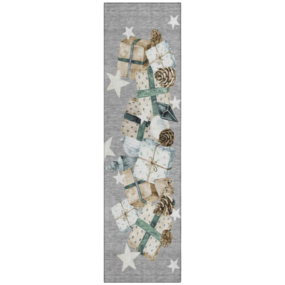 Machine Washable Indoor/Outdoor Christmas Presents Xhevrie Gray Rug
