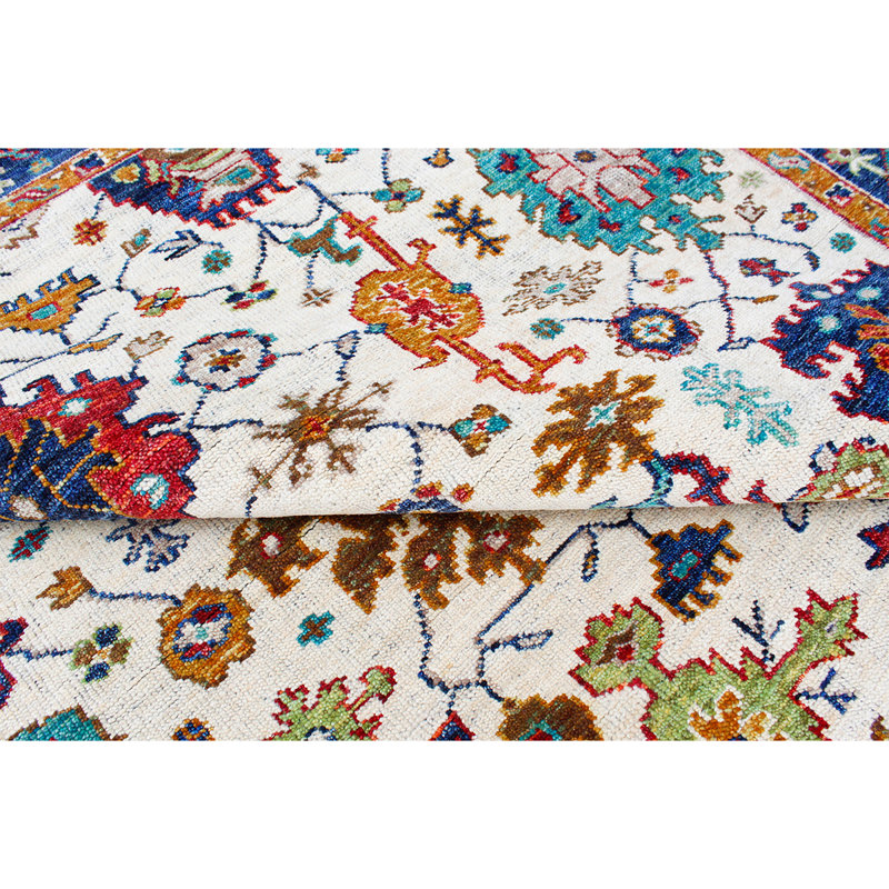 Tapis beige / bleu / rouge noué à la main de haute qualité, Rectangle 9 pi x 12 pi