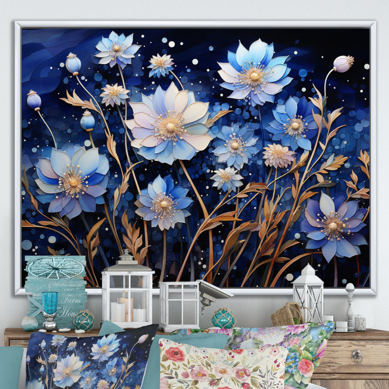 Blue Charm Cornflowers Pointillism II, reproduction d'art sur toile, H 24 po x l 32 po x P 1 po, Cadre flottant blanc