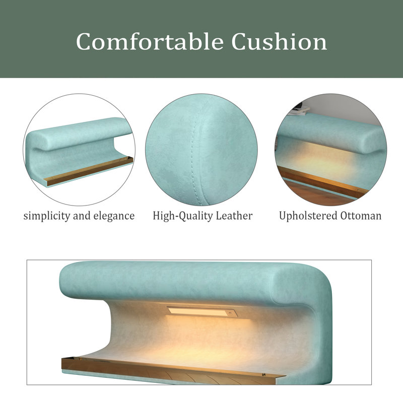 Banc d'entrée avec repose-pieds en cuir avec lumière DEL pour salon, chambre à coucher et bout de lit, Vert