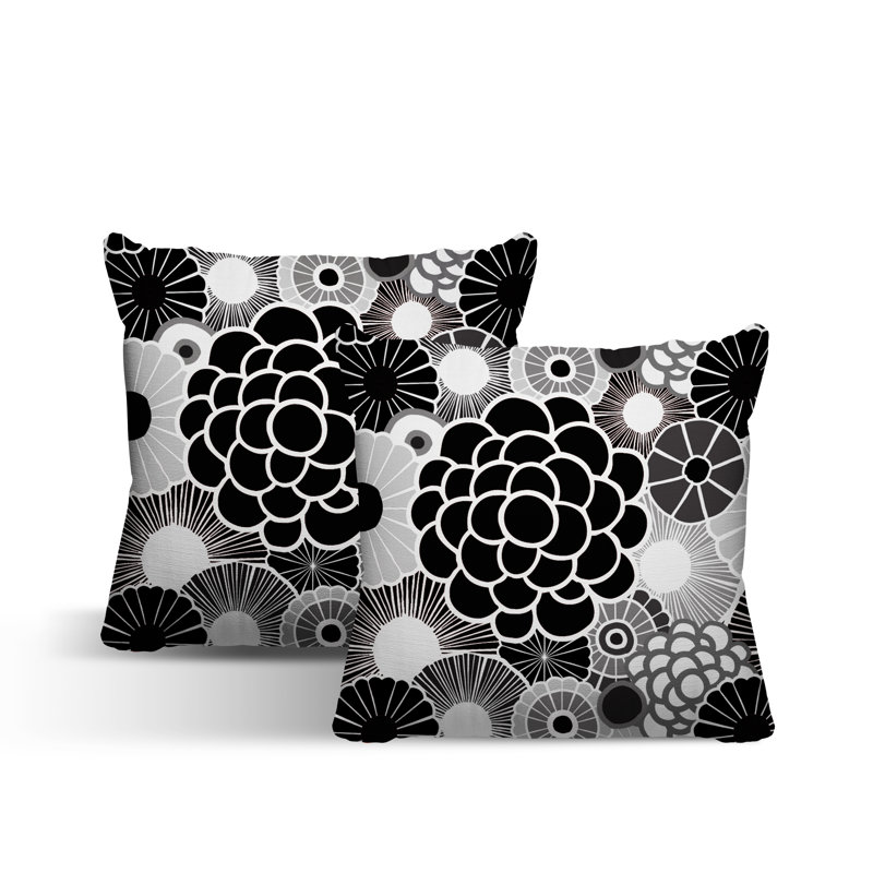 Floral Outdoor Reversible Throw Pillow, 15W" x 15H", Black
