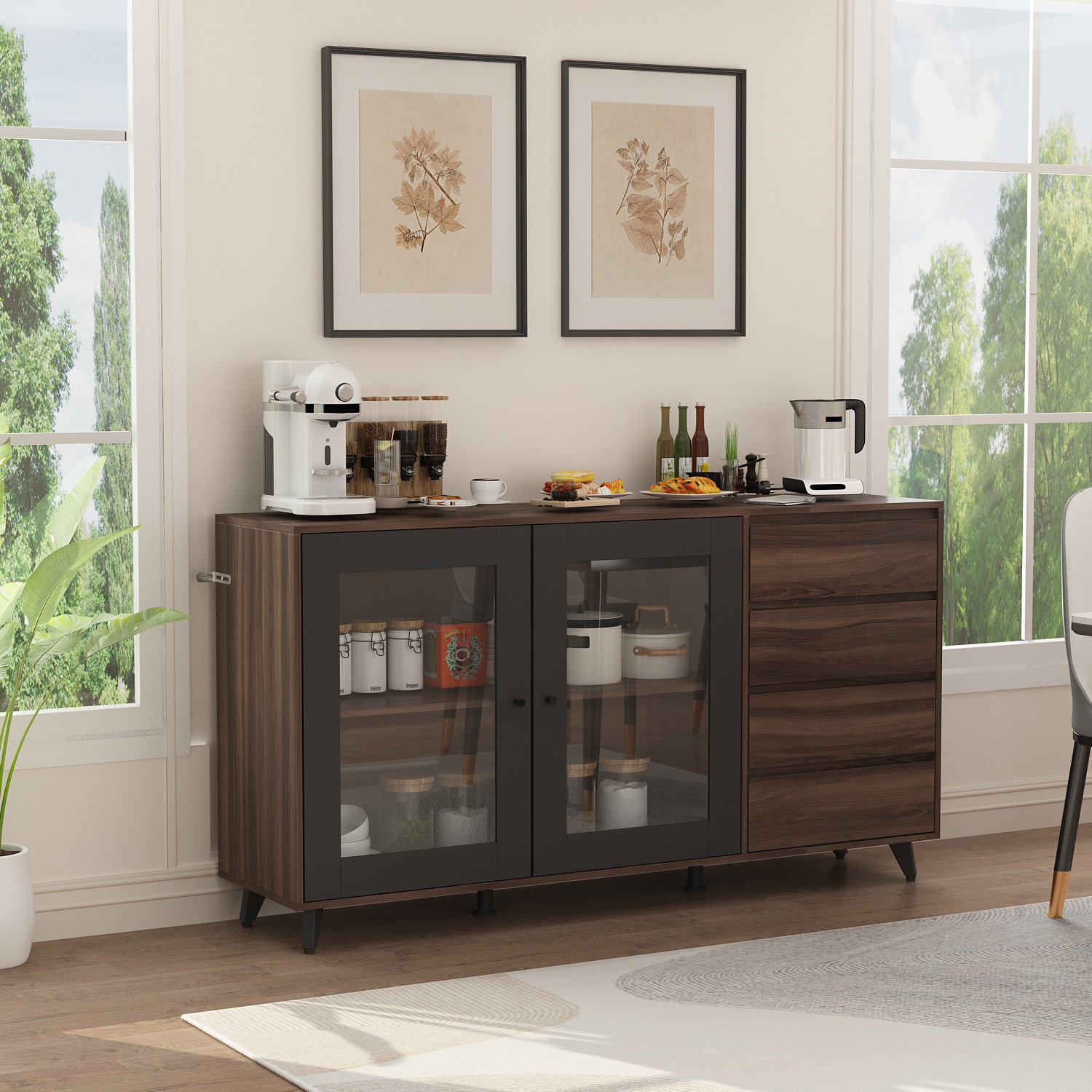 Corrigan Studio Arlia Kitchen Storage Cabinet Sideboard with 2 Glass Sliding Doors and with 4 Drawers, Accent Console Table for Kitchen Dining Living Room Hallway Off