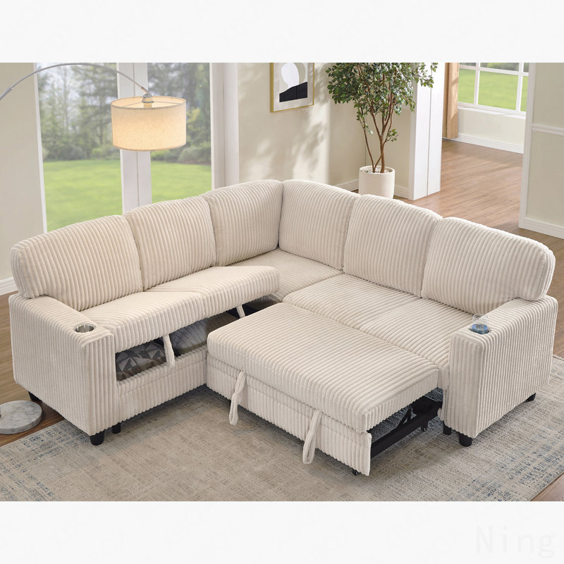 L-Shaped Sectional Sofa Bed With Pull-Out Bed & Storage, 5-Seat Sleeper Couch With Usb Charging, Convertible Design For Living Room, Apartment, Corduroy Fabric, Beige