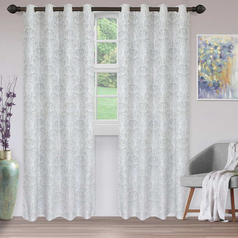 HausHome Jacquard Damask Semi-Sheer Grommet Curtain Panels, Light Gray, 52" x 108"