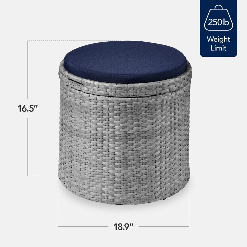Round Wicker Ottoman, Gray, Navy