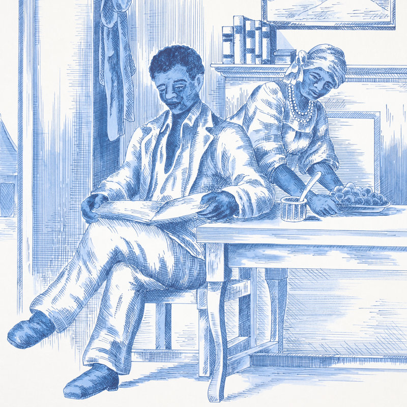 Papier peint Schumacher x Victor Glemaud Toussaint, Bleu / ivoire