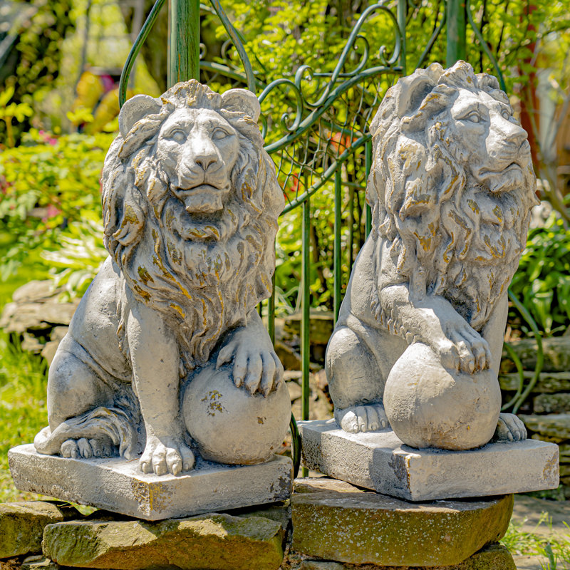Ensemble de 2 grandes statues de lion gris / blanc antique, Gris antique / blanc