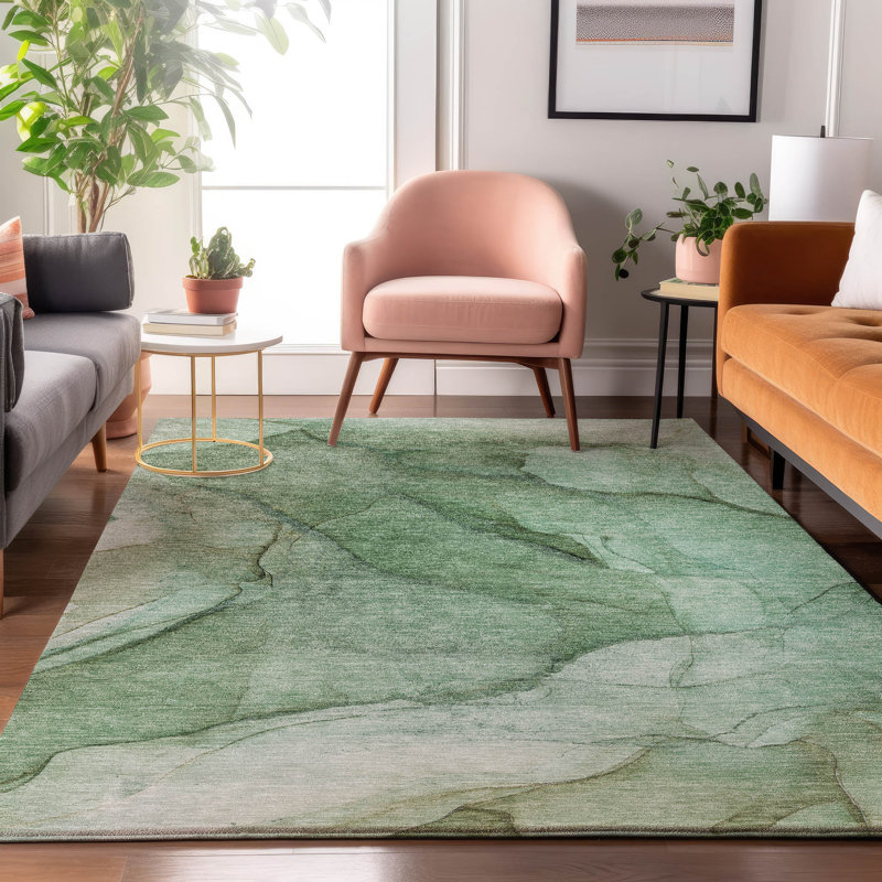 Premium Machine Washable Cerrito AMF607 Green Rug, Rectangle 5' x 7'6"