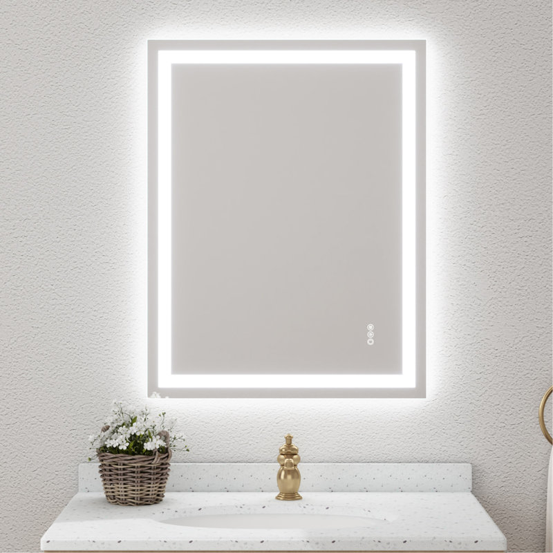Miroir, éclairage à double DEL, 3 réglages de couleur, gradation continue, fonction de brouillard, pilote UL 12V, installation horizontale ou verticale, trousse d'installation avec miroir trempé de 28 po x 36 po, réglable à l'avant et à l'arrière