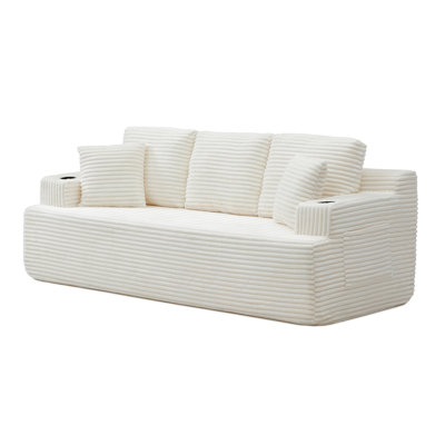 86.2''Boneless Sofa Couch with 2 Pillows Extra , Corduroy Fabric 3 Seater with Cup Holder & Side Pocket Upholstered Floor Easy Installation (Beige, 3 Seater)