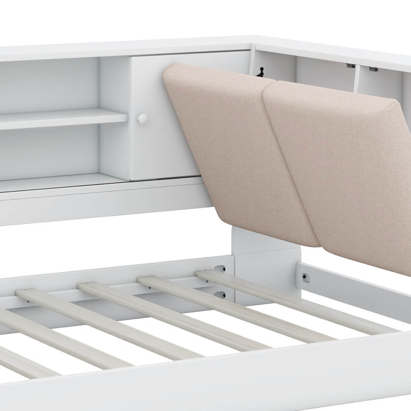 Twin Size Daybed Bed With Storage Bookcase And Upholstered Storage Headboard, Floor Bed With Charging Station, White