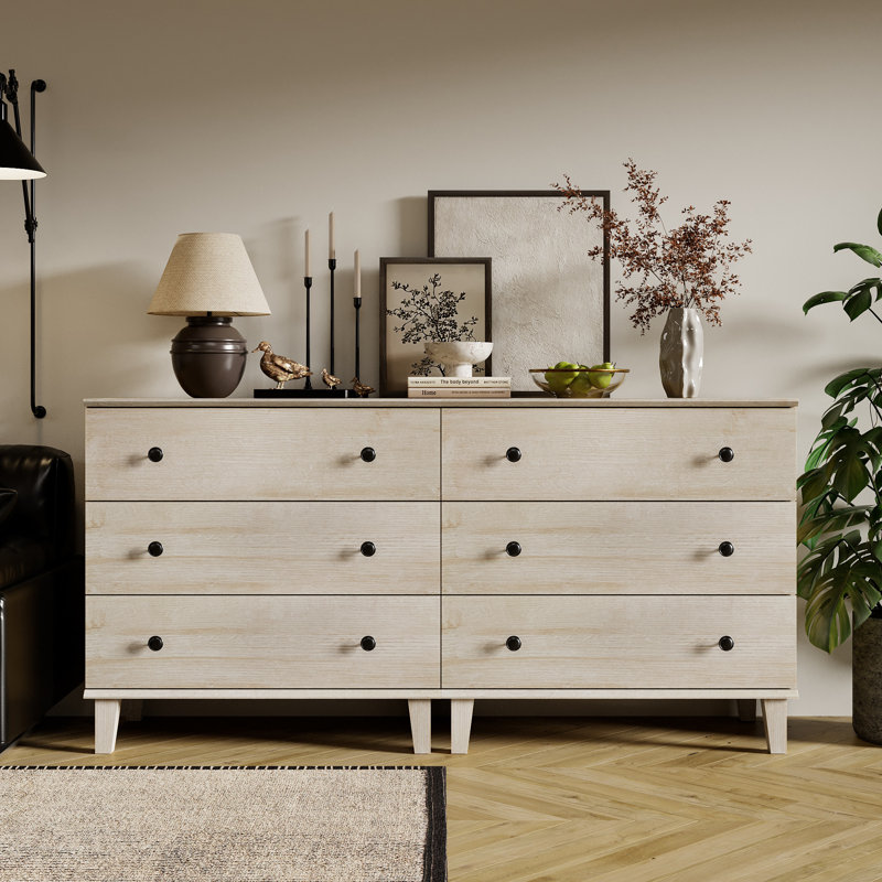 Commode avec 6 tiroirs, commode moderne avec pieds en bois massif et commode avec armoire de rangement pour salon, chambre de bébé, chambre de bébé, chêne beige