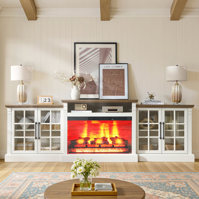  97"W Farmhouse Fireplace TV Stand with Large Storage Space, White, 33.6" H x 97" L x 15.25" W, White/Oak Wood