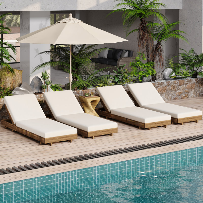 ENSEMBLE DE CHAISE LUNGE EN BOIS D'ACACIA AVEC COUSSIN LUNGE (crème) - version gris foncé assortie disponible, Crème