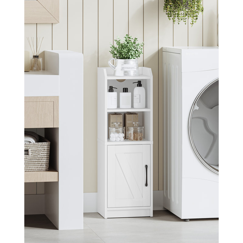 Bathroom Storage Cabinet, Small Farmhouse Corner Floor Cabinet with Door and Shelves, Narrow Toilet Paper Holder Stand, Bathroom Organizer with Adjustable Shelf, for Small Spaces, White