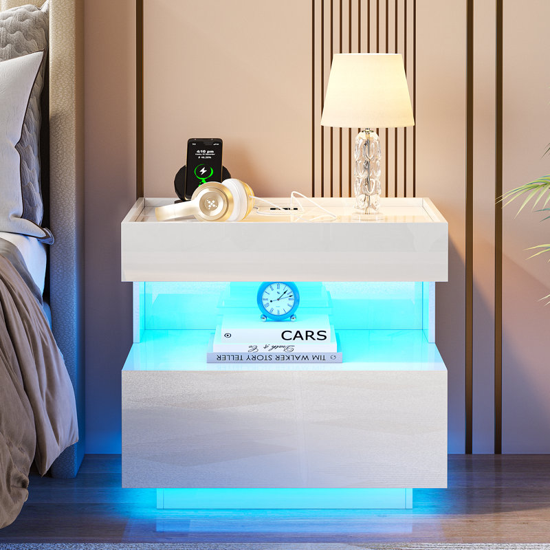 Table de chevet 2 tiroirs 21,7 po avec lumières DEL, Blanc