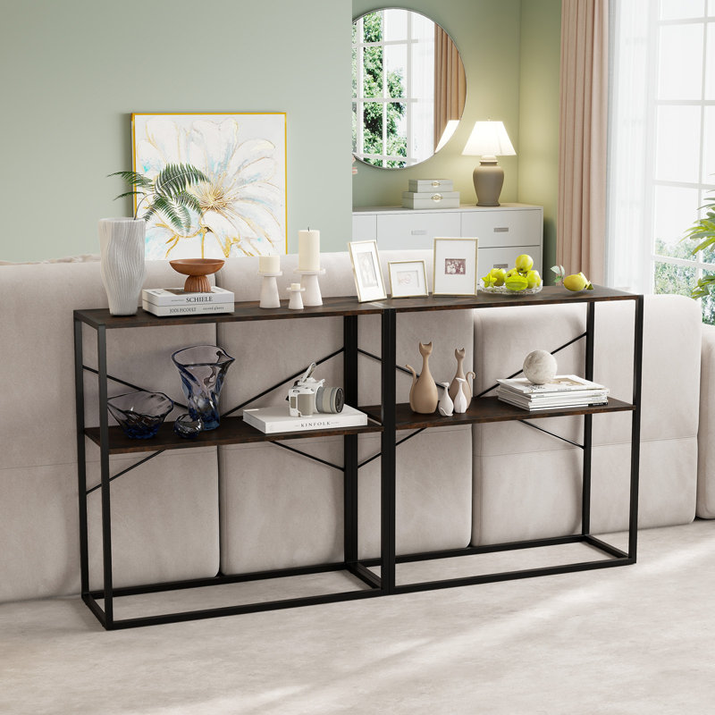 90CM Console Table 2-Tier Entryway Table Modern Luxury Narrow Long Behind Sofa Shelf, Black, Brown