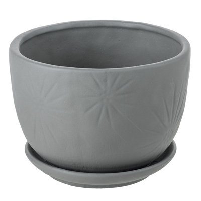 7" Grey Ceramic Indoor Planter – Embossed Sunburst Flower Pot with Drainage Hole and Attached Saucer