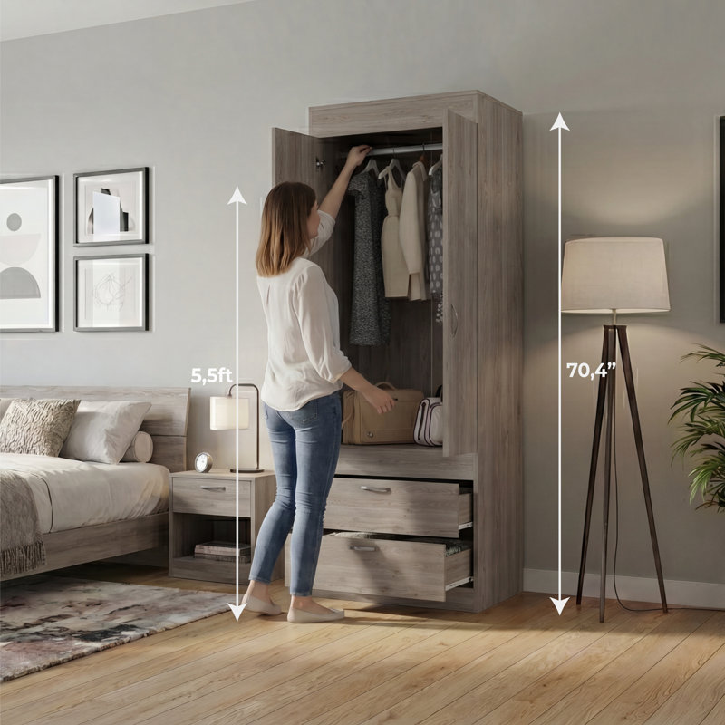 Armoire compacte à deux portes, Lisboa, avec deux tiroirs et une tringle, option de rangement de chambre à coucher autoportante
