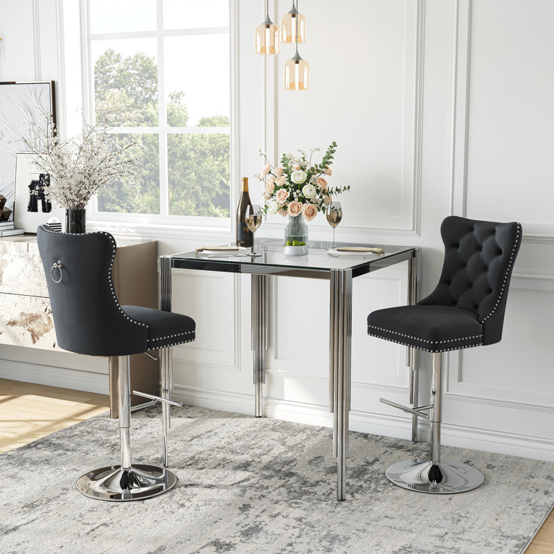 2-Person Square Glass Bar Table Set – 37" Tempered Glass Counter-Height Dining Table With Velvet Swivel Tufted Bar Stools, Modern Kitchen & Home Bar