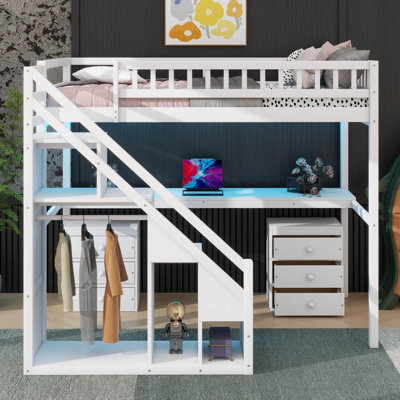Loft Bed Featuring Dual Drawers, A Desk, And An Integrated Light Strip