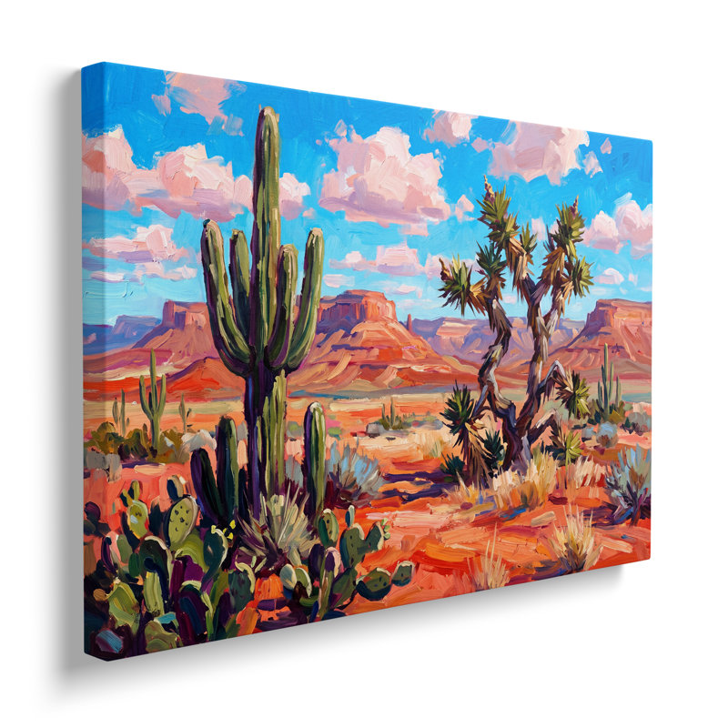 Tableau multicolore sur toile représentant un paysage de cactus du désert, œuvre d'art murale picturale pour le salon, la salle à manger et la chambre.