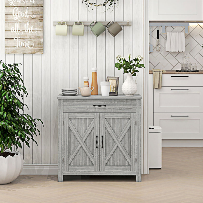 Buffet Farmhouse avec porte de grange et tablette réglable Farmhouse, Gris Pierre