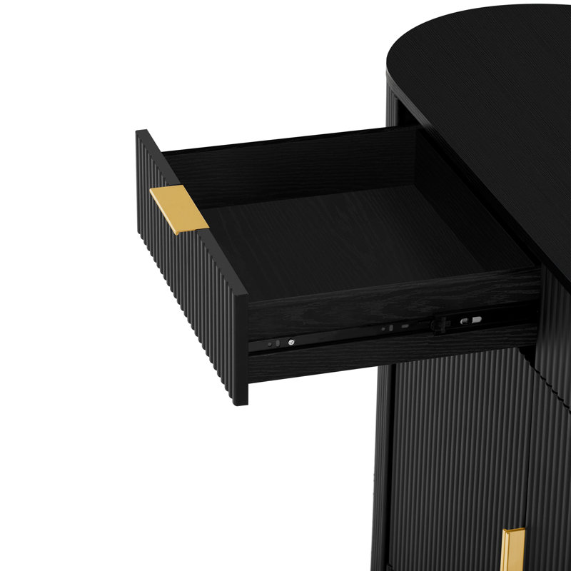 Buffet à porte courbée moderne - Armoire en MDF de 55,1 po avec finition rayée et poignées en aluminium, Noir