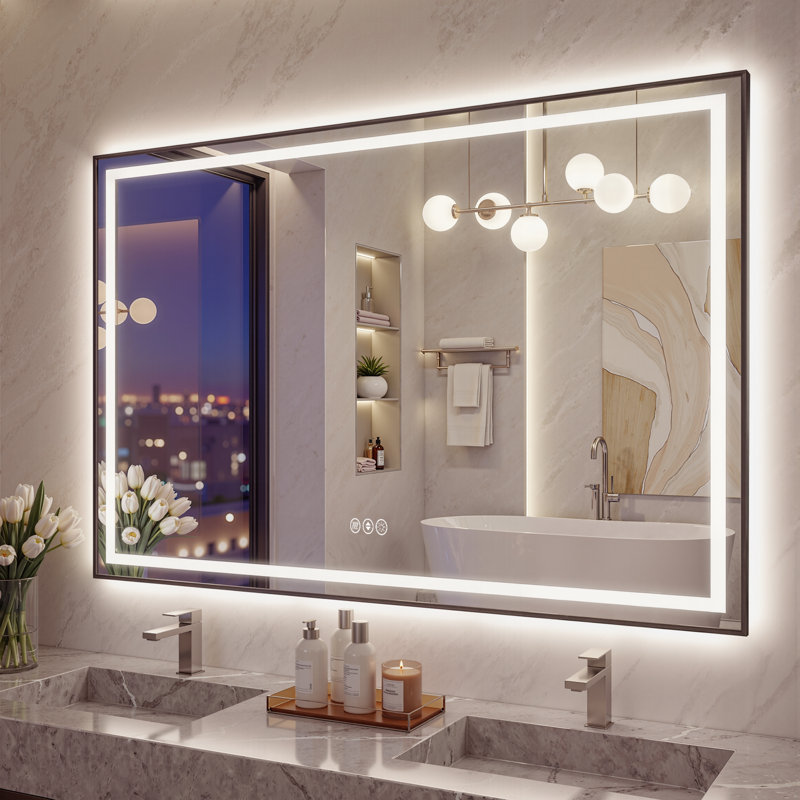 Adorna UL Certified Dimmable LED Bathroom Mirror with 3-Color Lighting, Anti-Fog & Sleek Black Frame, 60" x 40"