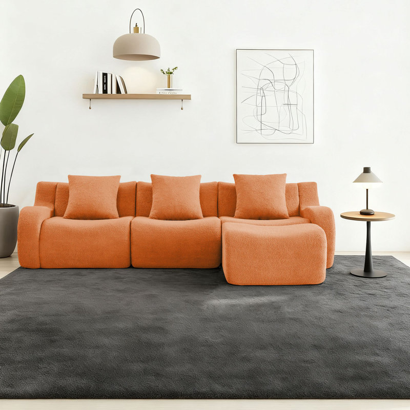 Canapé modulaire rembourré 3 places avec repose-pieds, Orange moelleux, H 35,43 po x l 115,33 po x P 65,73 po