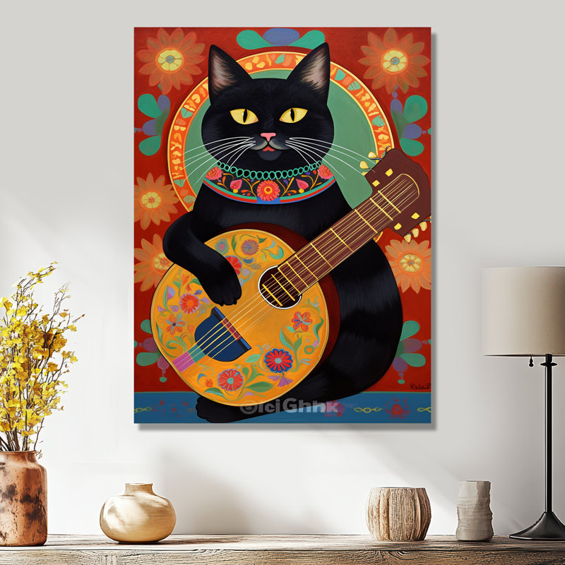 Chat noir boho jouant de la guitare - art mural chat, Métal métal, H 32 po x l 24 po x P 1 po