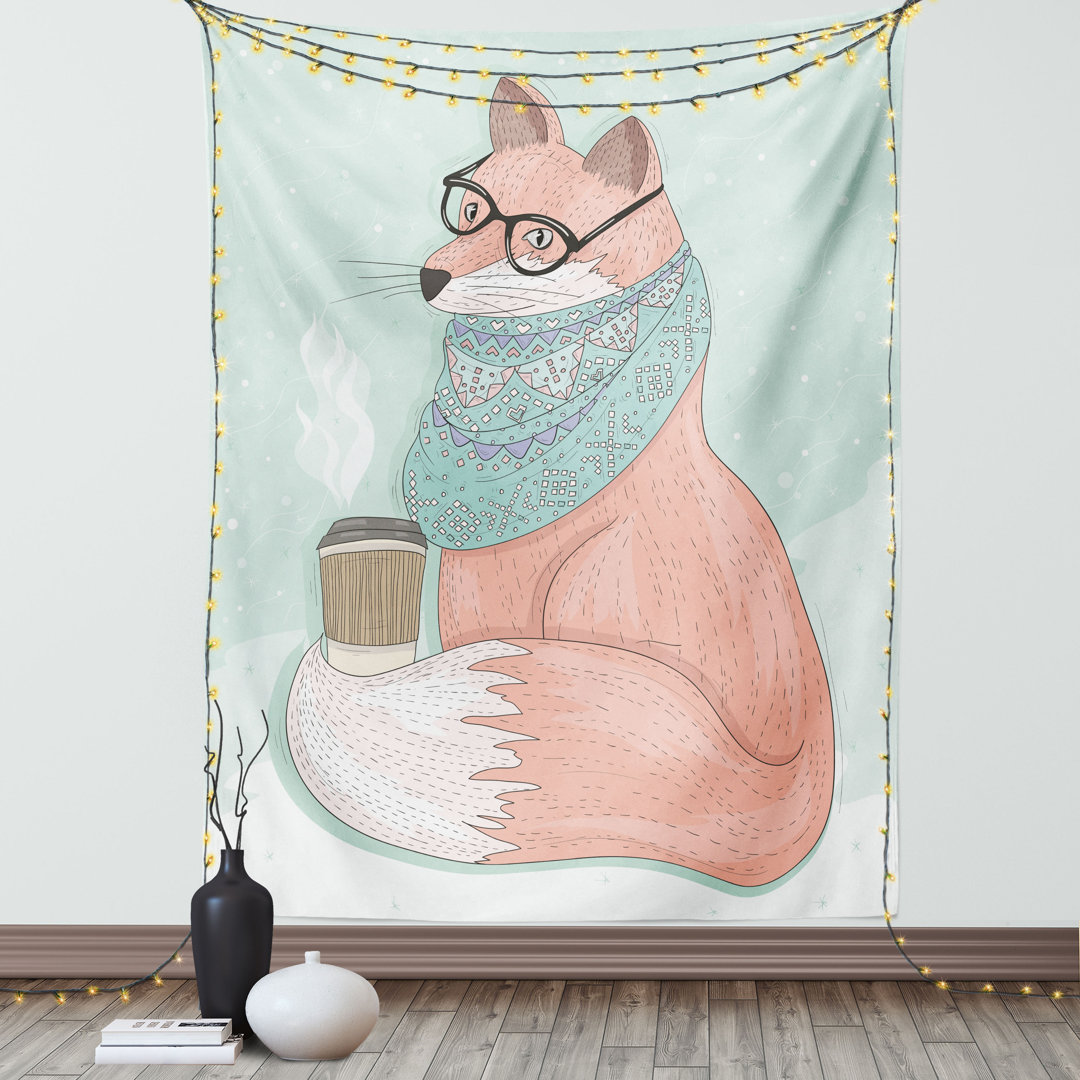 Tapisserie Hipster Fuchs GlÃ¤ser und Schal Kaffeetrinken Hippie