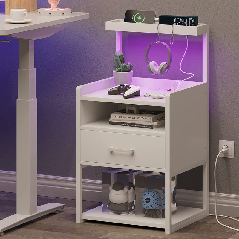 Table de chevet avec lumières DEL et tiroir, Blanc, Individuel