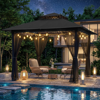 Pavillon de jardin extérieur 10 x 10 - auvent de patio avec moustiquaire, conception à double toit et cadre robuste pour la cour, la terrasse, le jardin ou la pelouse - noir
