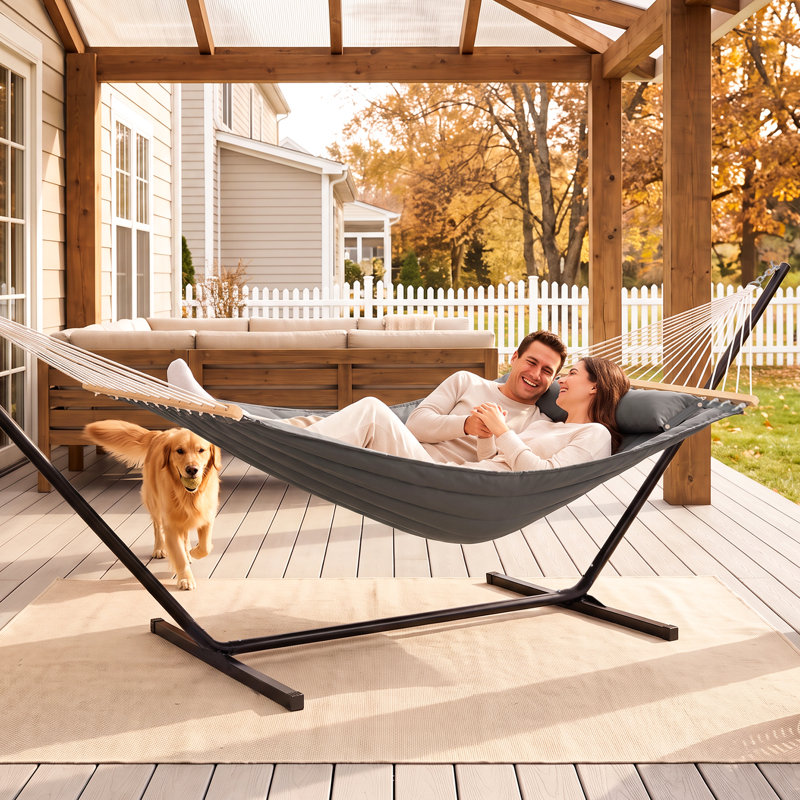 2 Person Spreader Bar Hammock, 12 ft Stand, Dark Gray
