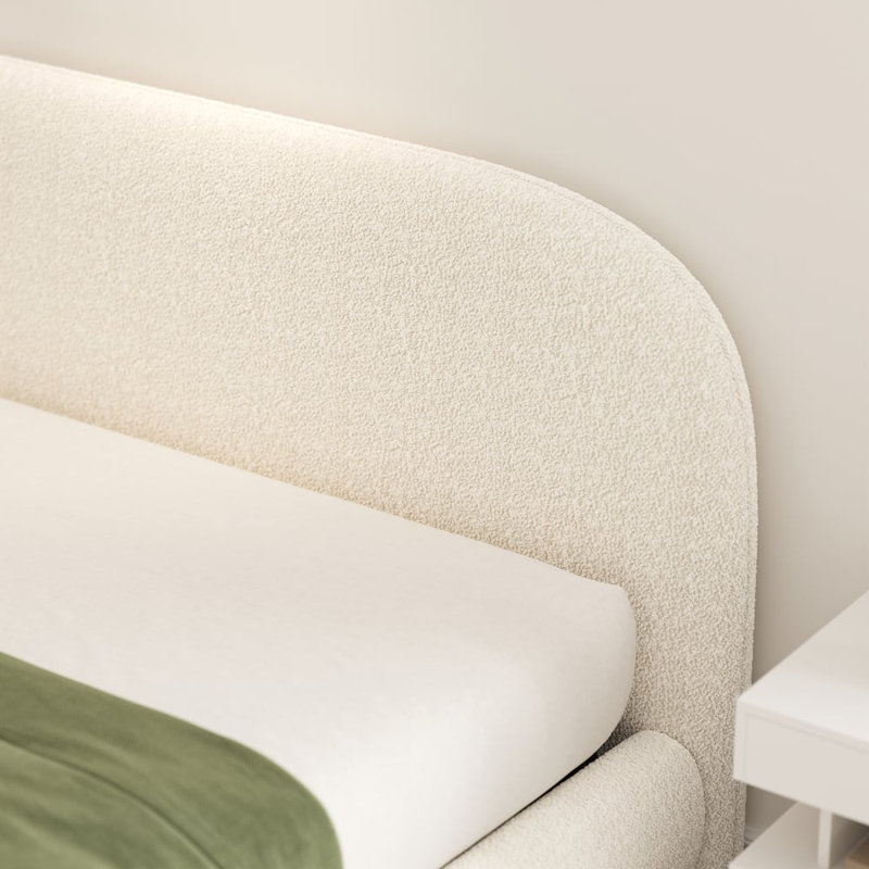 King Size White Boucle Upholstered Floating Bed Frame With Led Lights