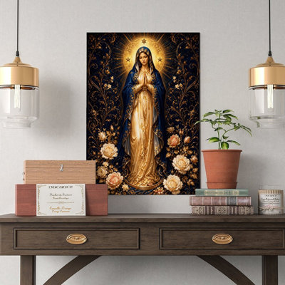 Canvas Wall Art Virgin Mary Blue Gold Halo Roses Religious Art Vintage Poster Print Home Decor
