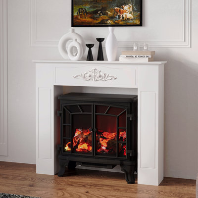 Manteau de foyer en bois de sapin, 113,7 cm (L) x 101,6 cm (H), pour poêle électrique autoportant, blanc vieilli