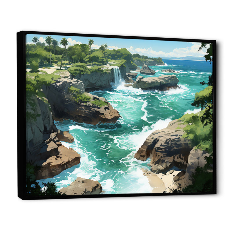 Vue aérienne côtière de l'île, sérénité, art mural tropical côtier, Cadre flottant noir, H 34 po x l 44 po x P 1,5 po