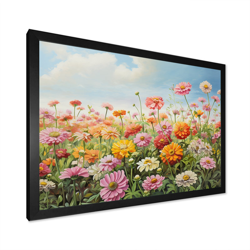 Zinnias Country Charm I sur impression sur toile, Cadre simple noir, H 12 po x l 20 po x P 1 po