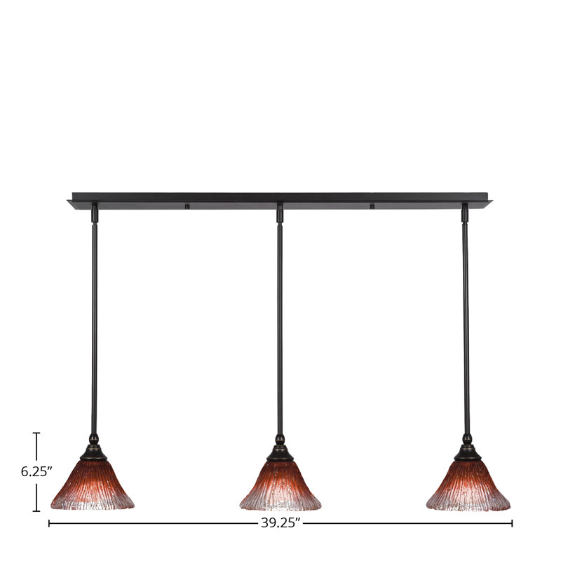 Luminaire suspendu linéaire sur pied 3 lumières avec verre Firré Saturn de 7 po, Framboise, Nickel brossé