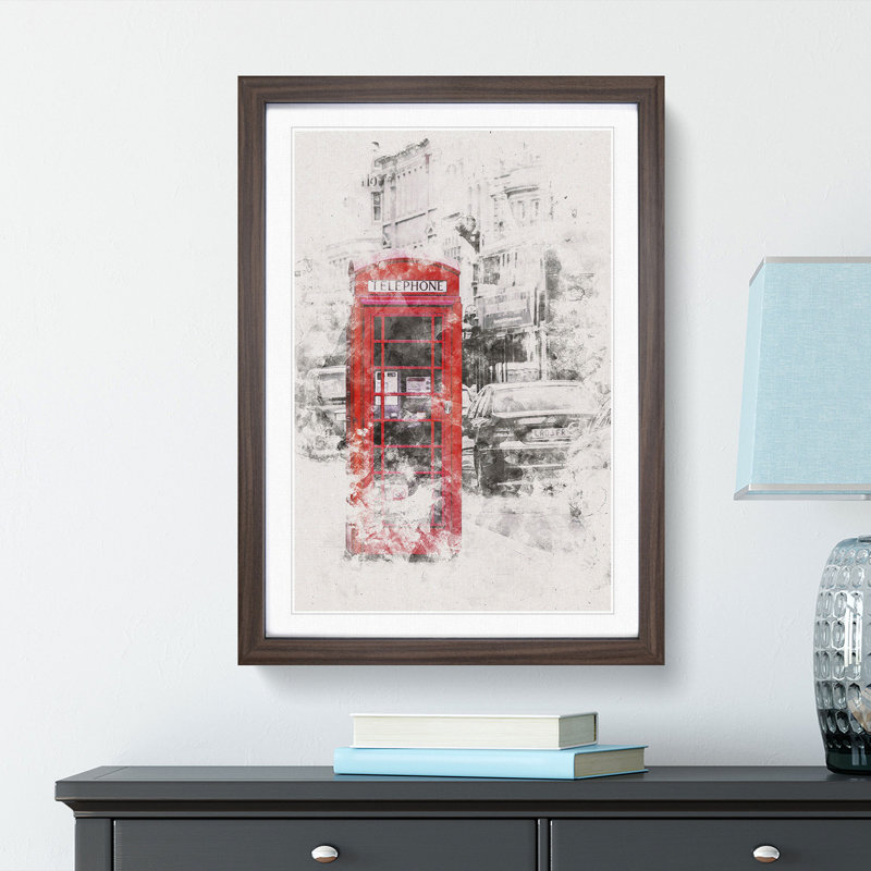 A Red Telephone Box - Framed Print, 33cm H x 24cm W x 2cm D, Walnut Framed