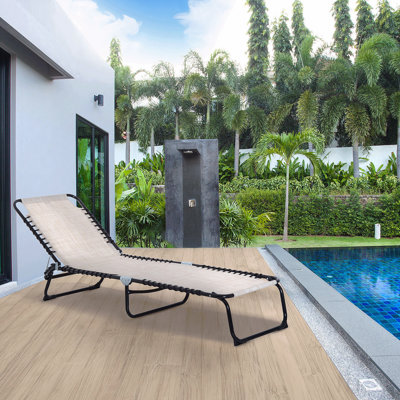 Folding Chaise Lounge Pool Chair, Patio Sun Tanning Chair, Outdoor Lounge Chair With 4-Position Reclining Back, Breathable Mesh Seat For Beach, Yard, Patio, Cream White