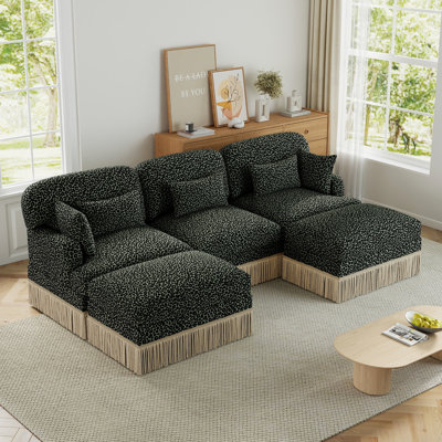 100" U-shaped Modular Sectional Sofa With Delicate Tassel Edge and 5 Pillows,Modern Comfy Chenille Leopard Print Cloud Couch 5 Seater Sofa with 2 Ottomans and 24" Deep Seat For Living Room