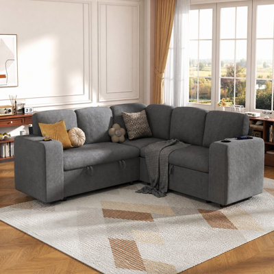 Canapé-lit modulaire modulaire avec lit escamotable, canapé modulaire en L à 4 places avec méridienne avec rangement, rangement à double accoudoirs et chargement USB, canapé à dossier réglable